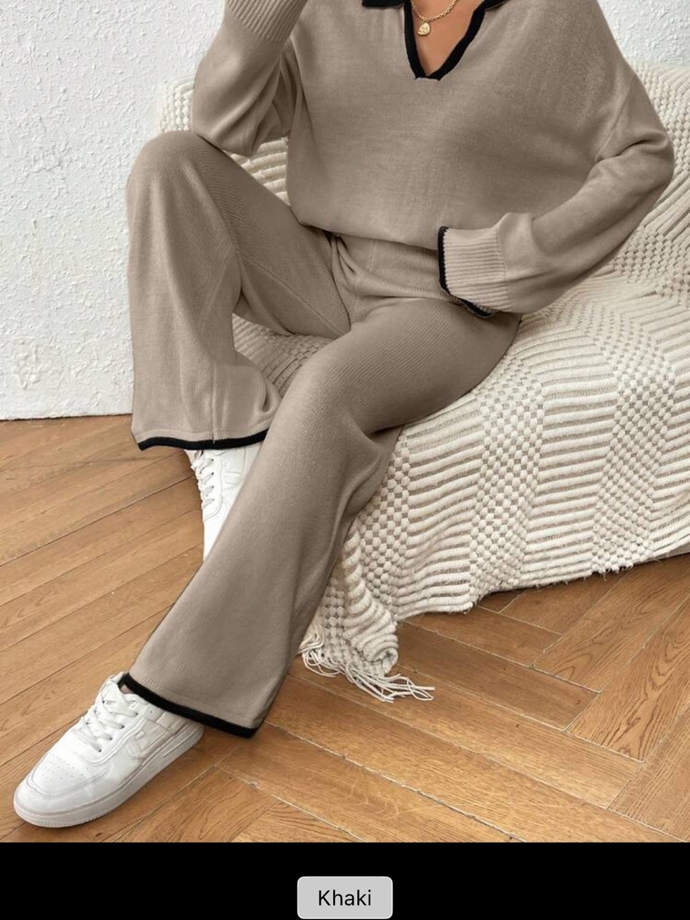 Khaki Wide-Leg Knit Pants and top set  with Black Edge Trim